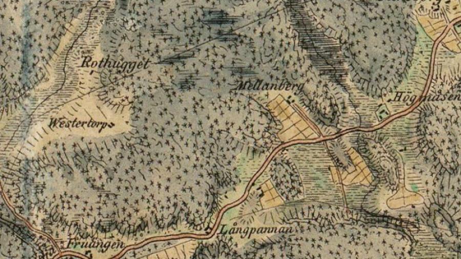"Westertorp" på en karta från 1817. Diagonalt genom kartbilden löper gamla Södertäljevägen. Källa: Wikipedia 
